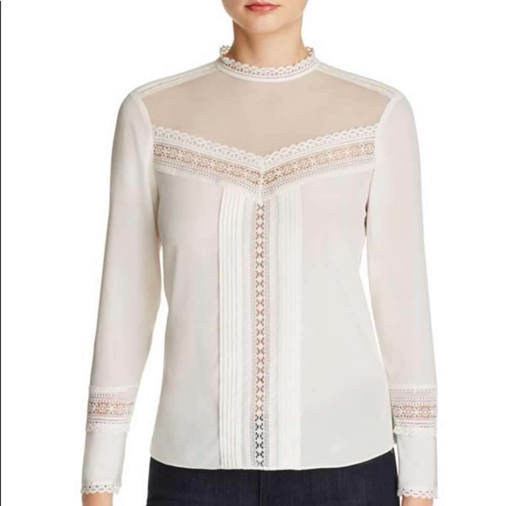 NWT Cream Rebecca Taylor Sheer Yoke Silk Blouse, 8